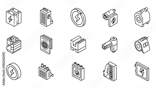 A collection of simple isometric illustrations, all in black and white, featuring a variety of electrical components. Each item showcases lines