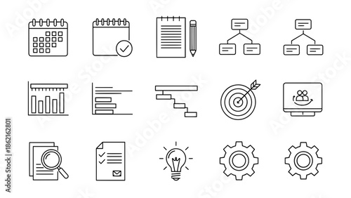 A collection of simple black-and-white outline icons representing various business and planning concepts