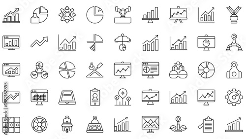 A collection of simple line art icons related to business, finance, and data analysis. These black and white illustrations depict charts, graphs, diagrams, and technology devices
