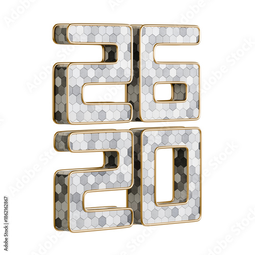 3D Year 20206 Number Design Isolated on Transparent Background with Honeycomb Texture and Gold Trim