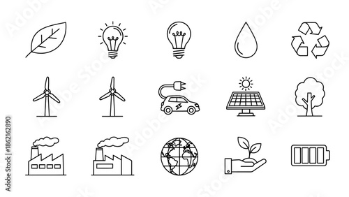 A collection of simple line art icons related to environmentalism and sustainability, including leaves, solar panels, and wind turbines