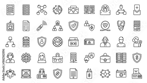 A collection of simple black-and-white outline icons representing various business-related concepts and symbols. Icons include people, shields, networks