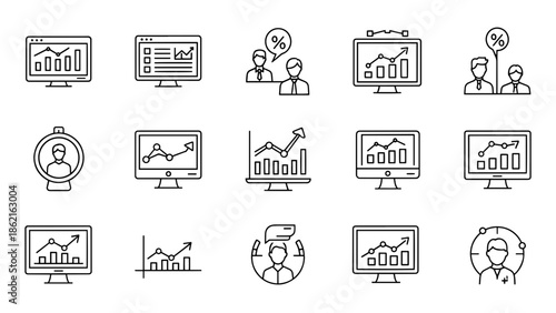 A collection of simple line art icons. The icons feature graphs, monitors with data, business professionals, and person-centered illustrations
