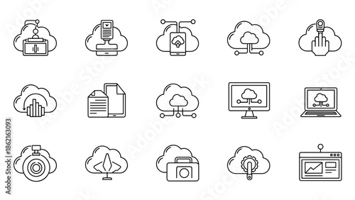 A collection of simple black-and-white line drawings. Icons represent data storage, computing, and online communication and business. Includes laptop and mobile icons