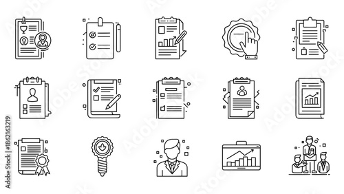 A collection of simple black-and-white line icons featuring documents, checklists, graphs, user profiles, and people. Each is outlined