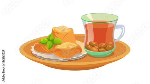 Vector illustration of Arabic tea in a glass and a plate of traditional sweets like Baklava, hospitality concept