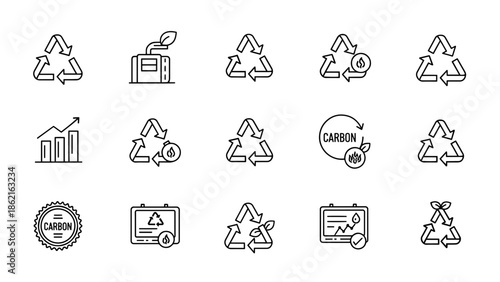 A collection of simple black-and-white line icons related to recycling, environment, sustainability, and carbon footprint reduction