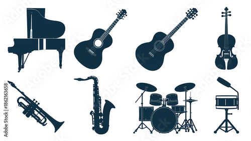 Collection of musical instrument silhouettes including piano guitar violin trumpet saxophone and drum set for music-related concepts and designs