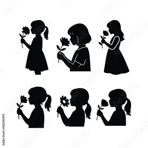 Girl Smelling Flowers Silhouette Icon Vector