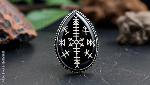 Wallpaper Mural Marquise nuummite sorcerers stone pin in blackened silver ancient runes low key on obsidian mirror surface Torontodigital.ca