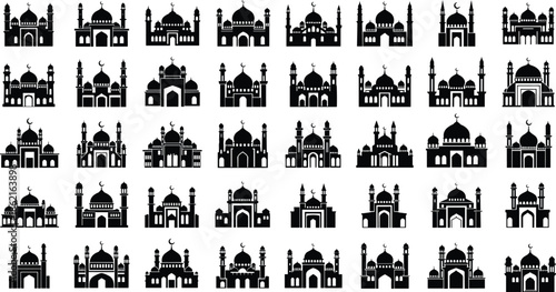 Mosque icon collection, Islamic architecture silhouettes, crescent moon symbols, religious building designs, Muslim culture, black and white flat vector