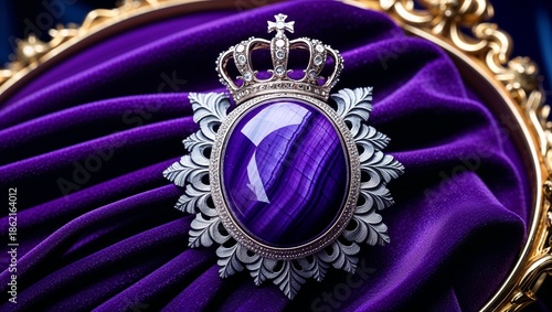Wallpaper Mural Cabochon sugilite royal purple brooch in white gold crown mount regal on velvet throne fabric folds Torontodigital.ca