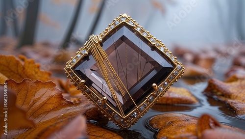 Wallpaper Mural Octagon rutilated smoky quartz trapped needles brooch in yellow gold golden threads cozy on autumn fog Torontodigital.ca