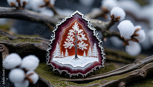 Wallpaper Mural Rose cut dendrite agate winter tree pin in oxidized silver landscape scene snowy on frosted branch silhouette Torontodigital.ca