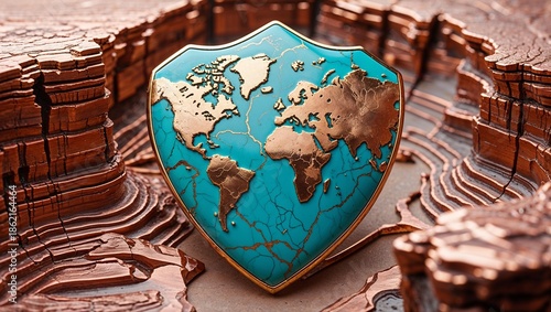 Wallpaper Mural Shield shaped boulder turquoise sky map brooch in yellow gold matrix veins desert on copper canyon walls Torontodigital.ca