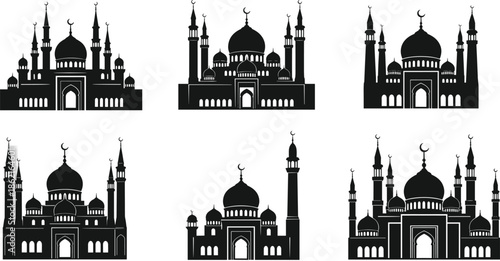 Mosque silhouette icons, Islamic architecture elements, crescent moon minaret dome designs, religious symbols, Muslim culture, black and white flat vector