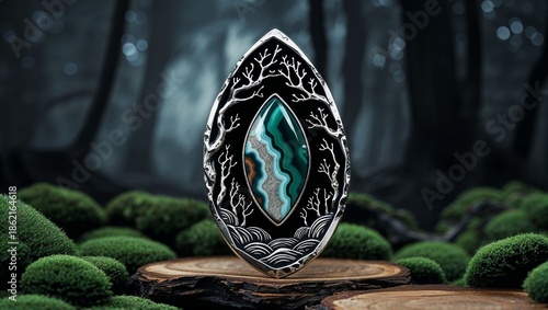 Wallpaper Mural Marquise moss agate forest window pin in blackened silver landscape dark on deep woodland shadow layers Torontodigital.ca