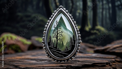 Wallpaper Mural Marquise moss agate forest window pin in blackened silver landscape dark on deep woodland shadow layers Torontodigital.ca