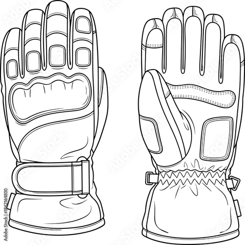 Tactical gloves vector, motorcycle protective gear, technical flat sketch, knuckle protection, safety handwear, apparel design template, front and back view.