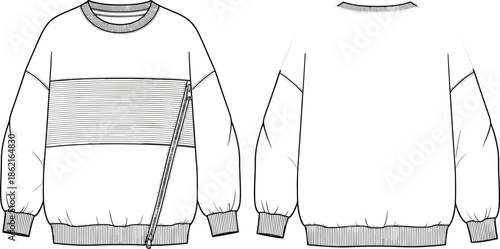 Technical drawing of an oversized sweatshirt with dropped sleeves, a striped chest panel, diagonal zipper detail, ribbed trims, front and back view, vector.