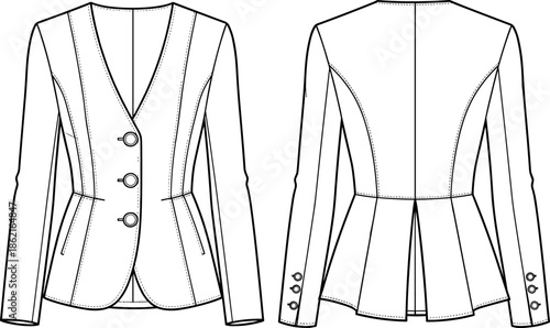 Technical fashion drawing of fitted women's peplum blazer jacket, notchless V-neckline, two pockets, vector flat sketch for apparel design CAD