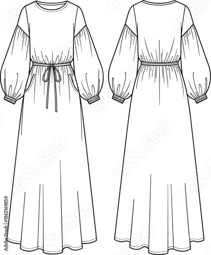 Technical fashion drawing of modest maxi dress with scoop neck, drawstring waist, voluminous balloon sleeves, vector flat sketch for CAD