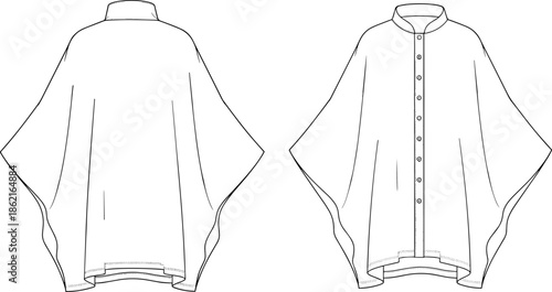Technical fashion drawing of oversized high-low mandarin collar button-up women's batwing cape shirt blouse, flat vector sketch for apparel design, CAD