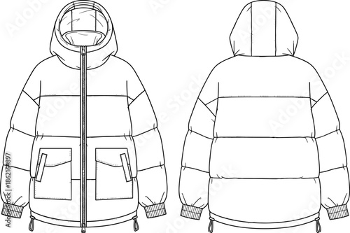 Technical fashion drawing of oversized puffer jacket coat with horizontal quilting, hood, patch pockets, vector flat sketch for apparel CAD