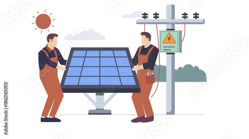 Engineers Installing solar panels with cables animation, technician connecting cord to grid animated video, Electrician Profession Clip, Low High Voltage Power footage, Handyman Repairman motion
