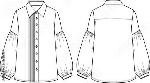 Technical fashion drawing of women's button-up shirt blouse with pintucks, classic collar, and voluminous puff balloon sleeves, vector CAD