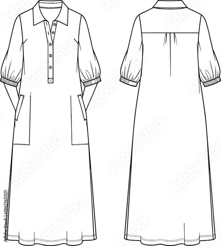 Technical fashion drawing of women's maxi shirt dress with collar, half button placket, puff sleeves, and patch pockets, vector CAD