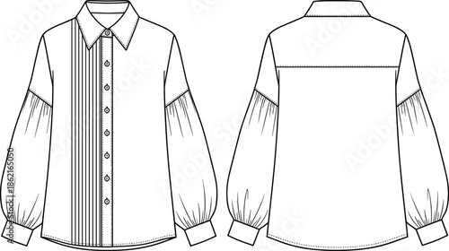 Technical fashion drawing of women's dress shirt blouse with pintuck detail, classic collar, and voluminous balloon sleeves, vector CAD