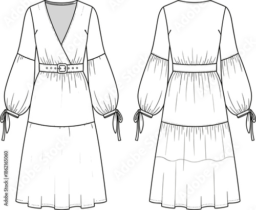 Technical fashion drawing of women's midi wrap dress with V-neck, balloon sleeves, tiered skirt, and buckle belt, vector CAD