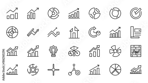 A collection of simple black line icons depicting various data visualization concepts, including charts, graphs, and diagram symbols
