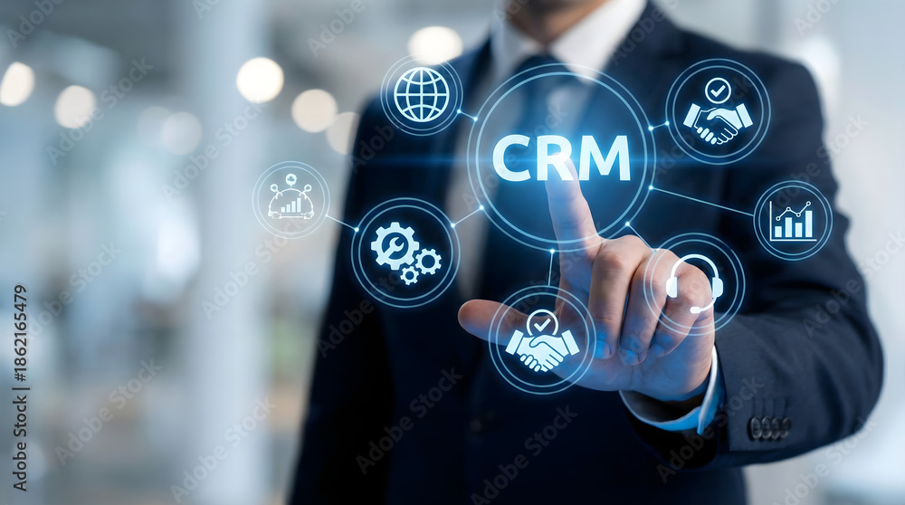 Fototapeta premium Businessman touching CRM interface on futuristic virtual screen,concept of customer relationship management,sales data analysis,digital technology network,corporate global connection