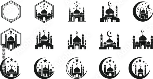 Islamic icon set, mosque silhouettes, crescent moon and star symbols, religious frames, Ramadan theme, black and white flat vector
