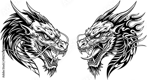 Aggressive twin dragon heads facing each other, detailed black and white tribal tattoo style vector illustration for fantasy designs.