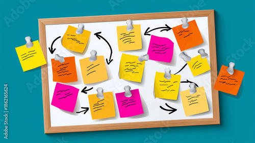 Realistic top-down image of a brainstorming board filled with looping arrows and sticky notes