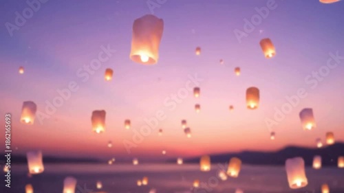 Magical glowing lanterns drift across a serene twilight sky over calm water.