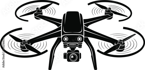 Black and white vector illustration of a professional quadcopter drone with a camera for aerial photography and filming.