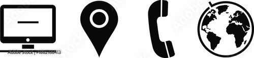 Black vector icon set for global business featuring a computer monitor location pin telephone handset and earth globe.