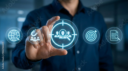 Businessman touching a virtual target icon with people inside on a digital screen,illustrating specific audience selection and customer segmentation,concept of recruitment focus.