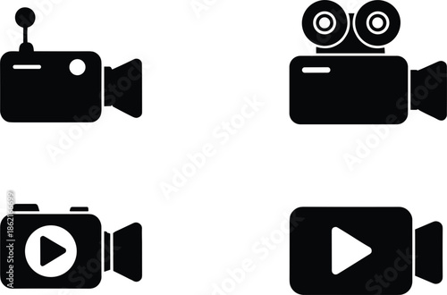 Black vector icon set for video production featuring a film camera movie camera digital camera and play button.
