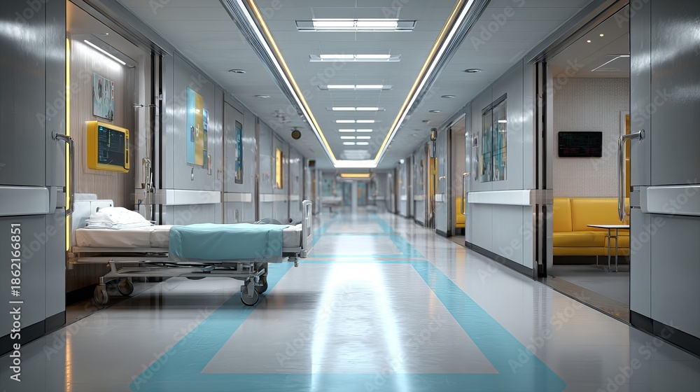 Obraz premium A long, empty hospital corridor with a single bed and modern medical equipment