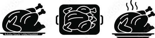 Black vector icon set of roasted turkeys and chickens on platters for Thanksgiving dinner and holiday celebration.