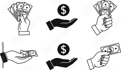 Black vector icon set of hands holding dollar bills exchanging cash and catching coins on white background.