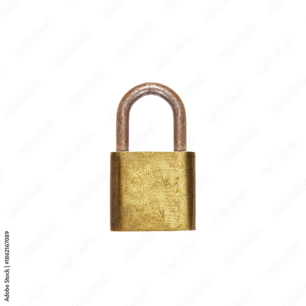 Naklejka premium Antique Brass Padlock with Rusty Shackle - Isolated