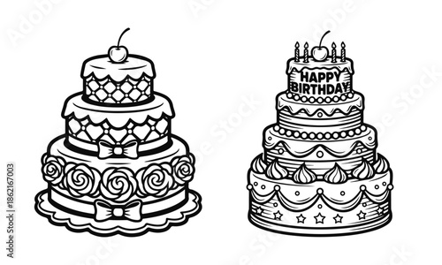 Illustration of a decorated cake with cream layers and topping. birthday cake, sweet dessert, cream cake, bakery food, festive pastry