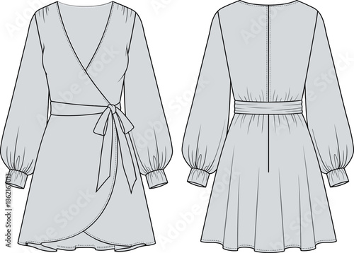 Technical vector illustration of a women's mini wrap dress featuring a V-neckline, voluminous balloon sleeves with cuffs, and a self-tie sash at the waist, front and back view.