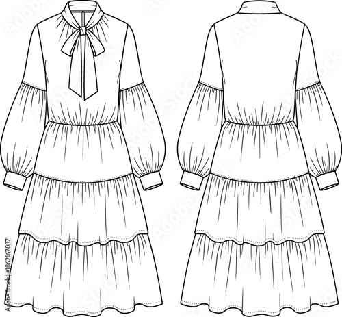 Tie-Neck Tiered Midi Dress with Gathered Balloon Sleeves, CAD Vector Template, Front and Back View, Apparel Design.
